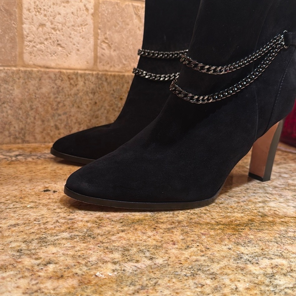 PAIGE Black Heeled Boots with Chain Detail, size 10
